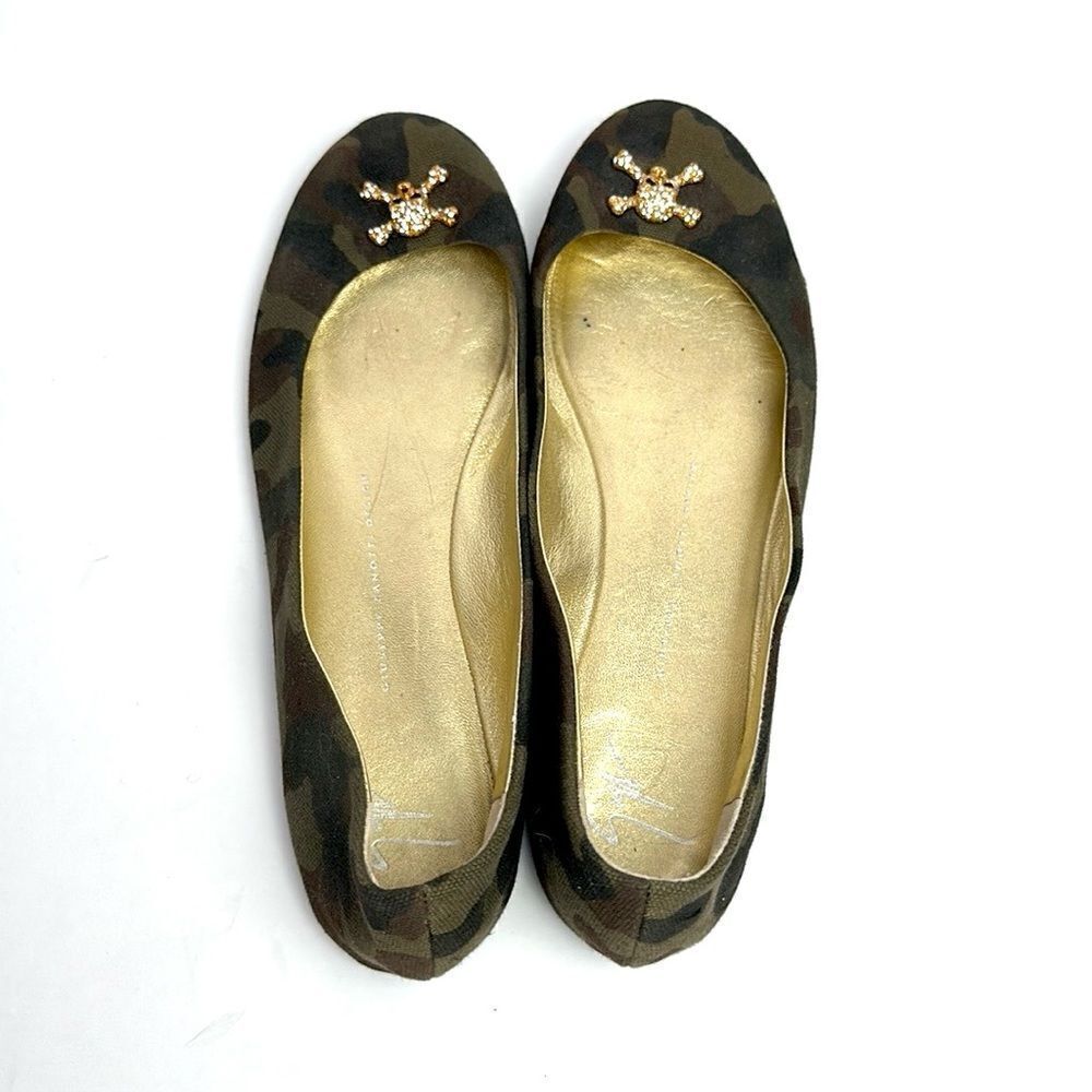 Giuseppe Zanotti Green Camouflage Canvas Crystal Skull Ballet Flats Size 40 US10 - Picture 5 of 15
